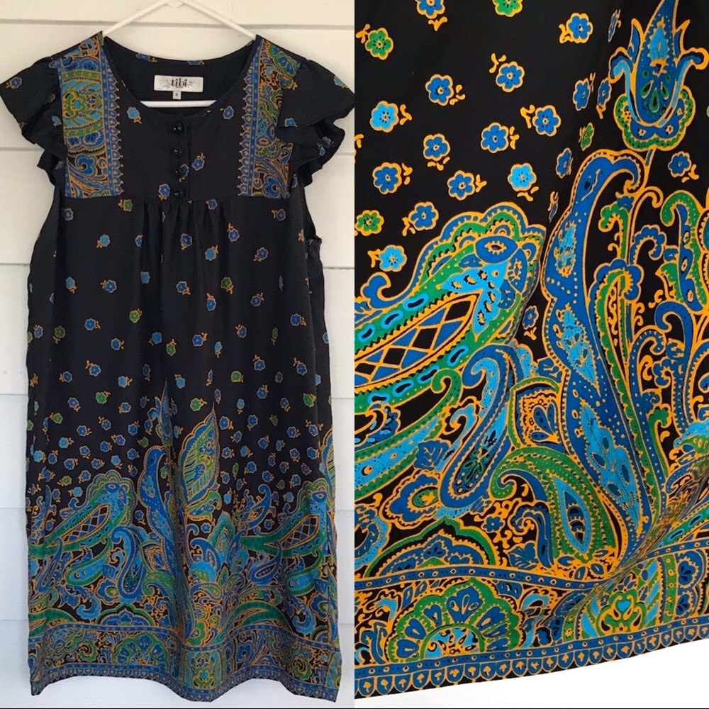 Tibi Black Silk Dress Paisley Floral with ruffles
